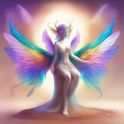 A high-quality digital art piece depicting a whimsical fey creature, intricately detailed with iridescent wings