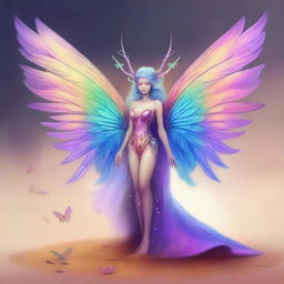 A high-quality digital art piece depicting a whimsical fey creature, intricately detailed with iridescent wings