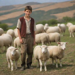 A young shepherd boy named David in the landscape of Israel. David is tending his sheep in a vibrant and detailed pastoral setting.