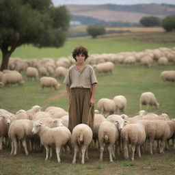 A young shepherd boy named David in the landscape of Israel. David is tending his sheep in a vibrant and detailed pastoral setting.