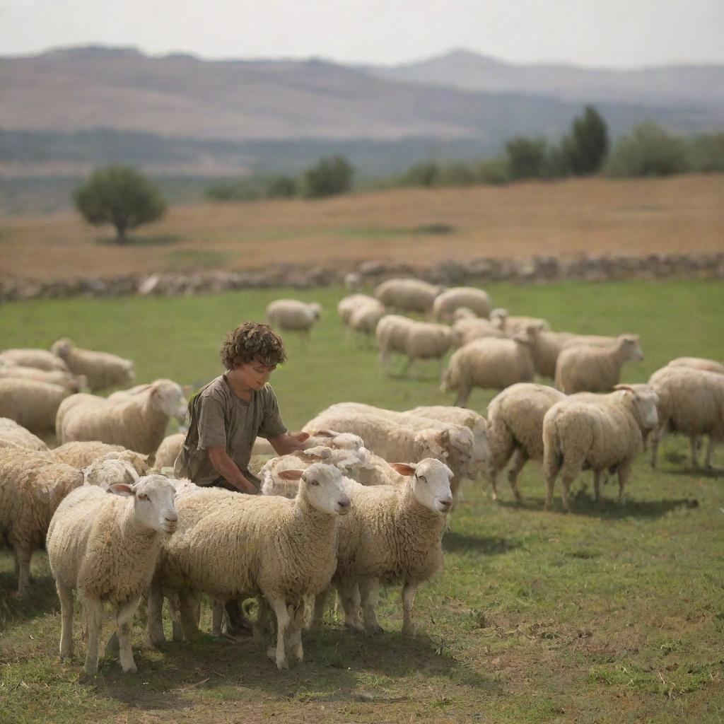 A young shepherd boy named David in the landscape of Israel. David is tending his sheep in a vibrant and detailed pastoral setting.