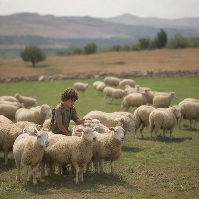 A young shepherd boy named David in the landscape of Israel. David is tending his sheep in a vibrant and detailed pastoral setting.