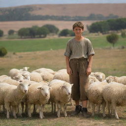 A young shepherd boy named David in the landscape of Israel. David is tending his sheep in a vibrant and detailed pastoral setting.