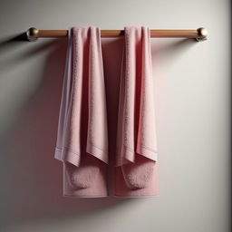 Photorealistic HD 1080p image of a bath towel hanging on a rail, with a focus on texture and fabric detail.