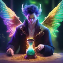 A high-resolution digital art piece showcasing a male fey being, adorned with glowing markings