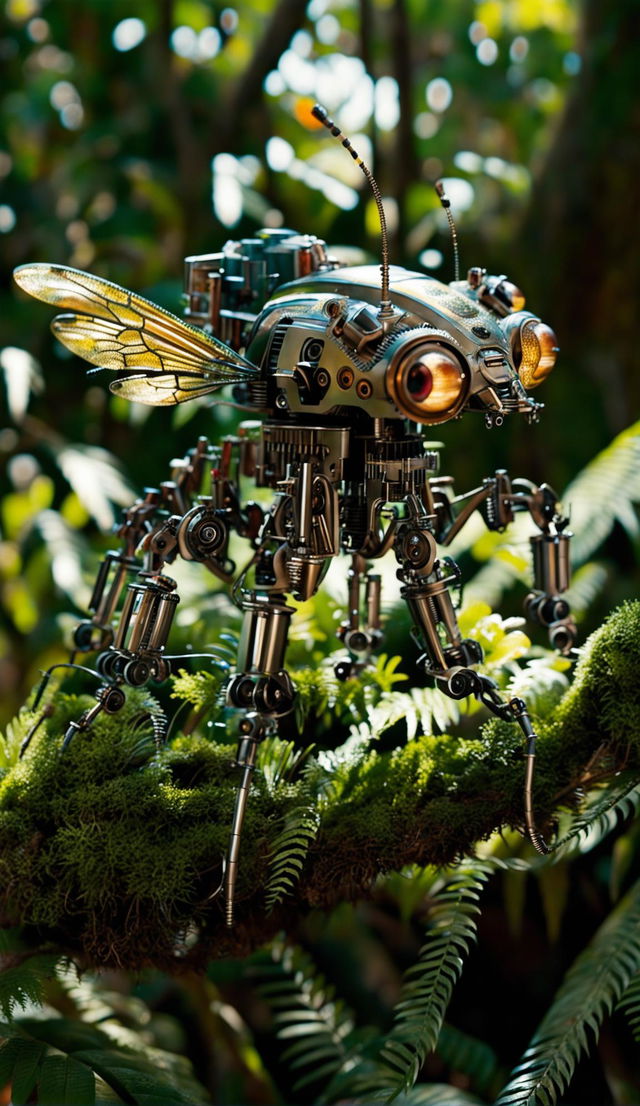 A mechanical weta, made of polished steel and brass, stands in a dense forest. Its intricate gears and cogs are visible beneath a semi-transparent exoskeleton. It grips a tree trunk with its six articulated legs, while its antennae studded with sensors scan the environment. The forest is lush with ferns, mosses, and towering trees, and a stream gurgles nearby.