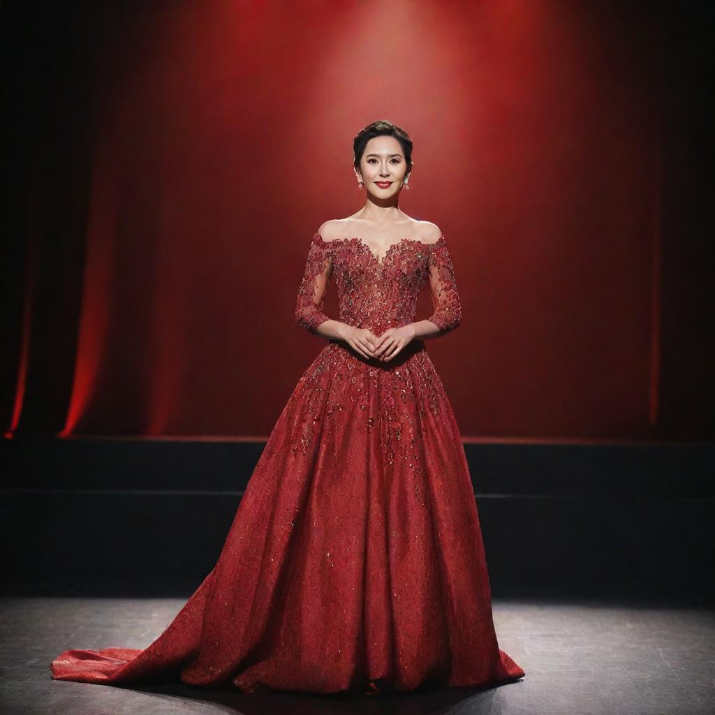 A lone delegate elegantly posed on a grand stage, draped in an intricate red gown that shimmers under the brilliant stage lights.