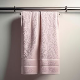 Photorealistic HD 1080p image of a bath towel hanging on a rail, with a focus on texture and fabric detail.