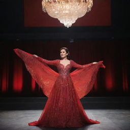 A lone delegate elegantly posed on a grand stage, draped in an intricate red gown that shimmers under the brilliant stage lights.