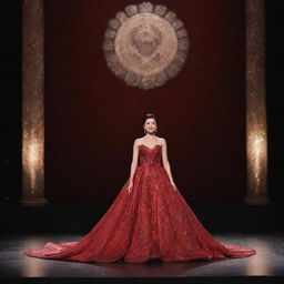 A lone delegate elegantly posed on a grand stage, draped in an intricate red gown that shimmers under the brilliant stage lights.