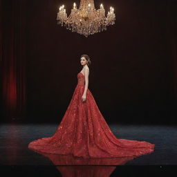 A lone delegate elegantly posed on a grand stage, draped in an intricate red gown that shimmers under the brilliant stage lights.