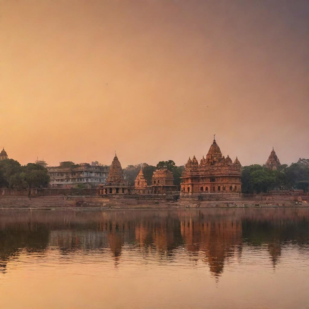 A panoramic sunset view of Ayodhya, accentuating the vibrant architecture of temples and the serene waters of the Sarayu River.