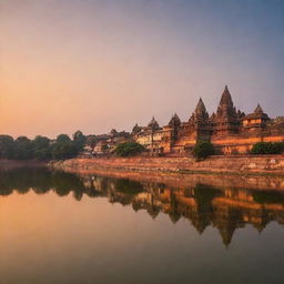 A panoramic sunset view of Ayodhya, accentuating the vibrant architecture of temples and the serene waters of the Sarayu River.