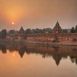 A panoramic sunset view of Ayodhya, accentuating the vibrant architecture of temples and the serene waters of the Sarayu River.