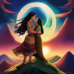 A high-quality digital art piece showcasing Papatuanuku, the Earth Mother, and Ranginui, the Sky Father, in a celestial embrace