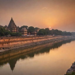 A panoramic sunset view of Ayodhya, accentuating the vibrant architecture of temples and the serene waters of the Sarayu River.