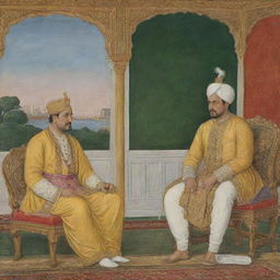 Emperor Akbar in rich Mughal attire, deeply contemplating with his trusted advisor Birbal in a regal Mughal court setting