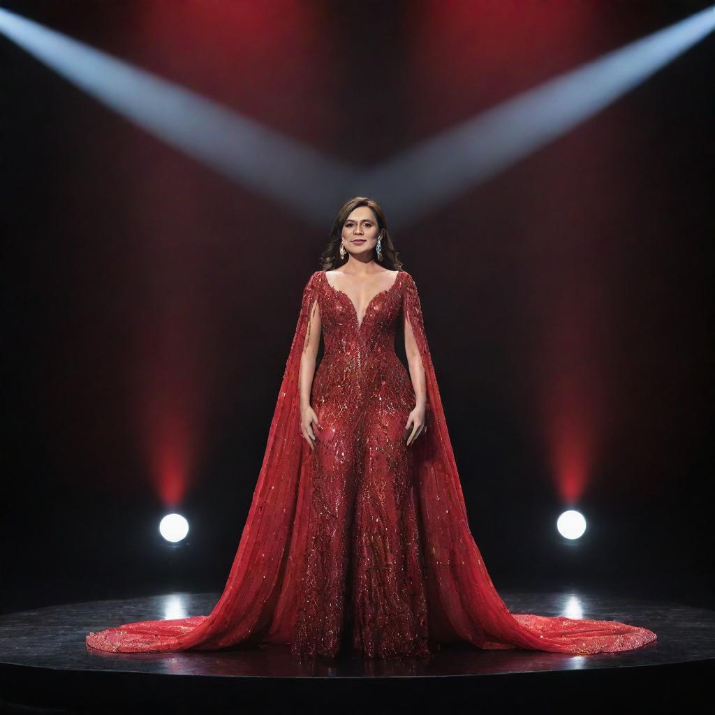 A single delegate standing on a grand stage, adorned in a glistening red illusion gown, subtly radiating under the captivating stage lights.