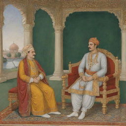 Emperor Akbar in rich Mughal attire, deeply contemplating with his trusted advisor Birbal in a regal Mughal court setting