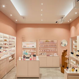 Charming minimalist cosmetic shop with a soothing color palette, refined furnishings, and neatly organized beauty products.