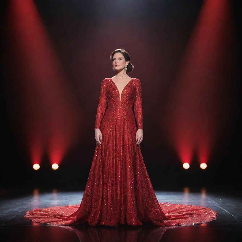 A single delegate standing on a grand stage, adorned in a glistening red illusion gown, subtly radiating under the captivating stage lights.