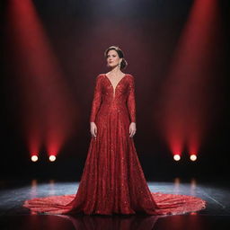 A single delegate standing on a grand stage, adorned in a glistening red illusion gown, subtly radiating under the captivating stage lights.