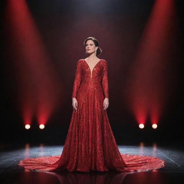 A single delegate standing on a grand stage, adorned in a glistening red illusion gown, subtly radiating under the captivating stage lights.