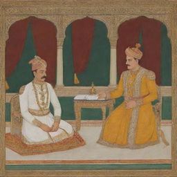 Emperor Akbar in rich Mughal attire, deeply contemplating with his trusted advisor Birbal in a regal Mughal court setting