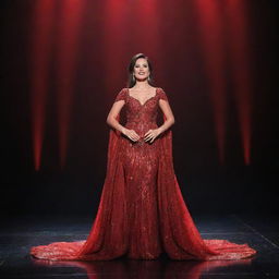 A single delegate standing on a grand stage, adorned in a glistening red illusion gown, subtly radiating under the captivating stage lights.