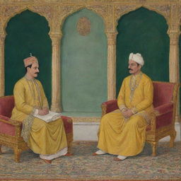 Emperor Akbar in rich Mughal attire, deeply contemplating with his trusted advisor Birbal in a regal Mughal court setting