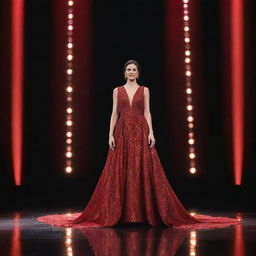 A single delegate standing on a grand stage, adorned in a glistening red illusion gown, subtly radiating under the captivating stage lights.