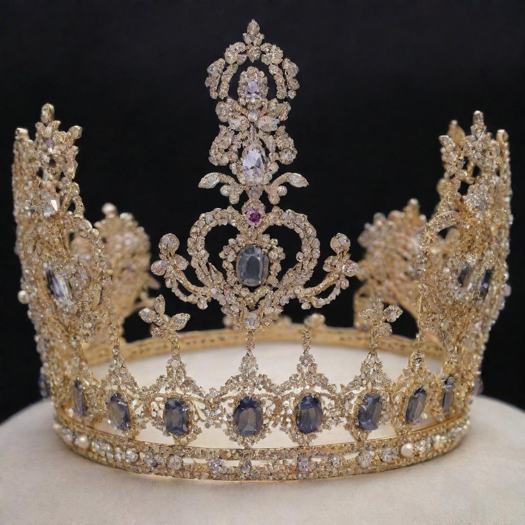 A dazzling crown for Miss Universe, intricately crafted with glittering gemstones, lustrous pearls, and shining gold, embodying the elegance and grandeur of the pageant.