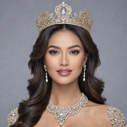 A dazzling crown for Miss Universe, intricately crafted with glittering gemstones, lustrous pearls, and shining gold, embodying the elegance and grandeur of the pageant.