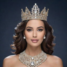 A dazzling crown for Miss Universe, intricately crafted with glittering gemstones, lustrous pearls, and shining gold, embodying the elegance and grandeur of the pageant.