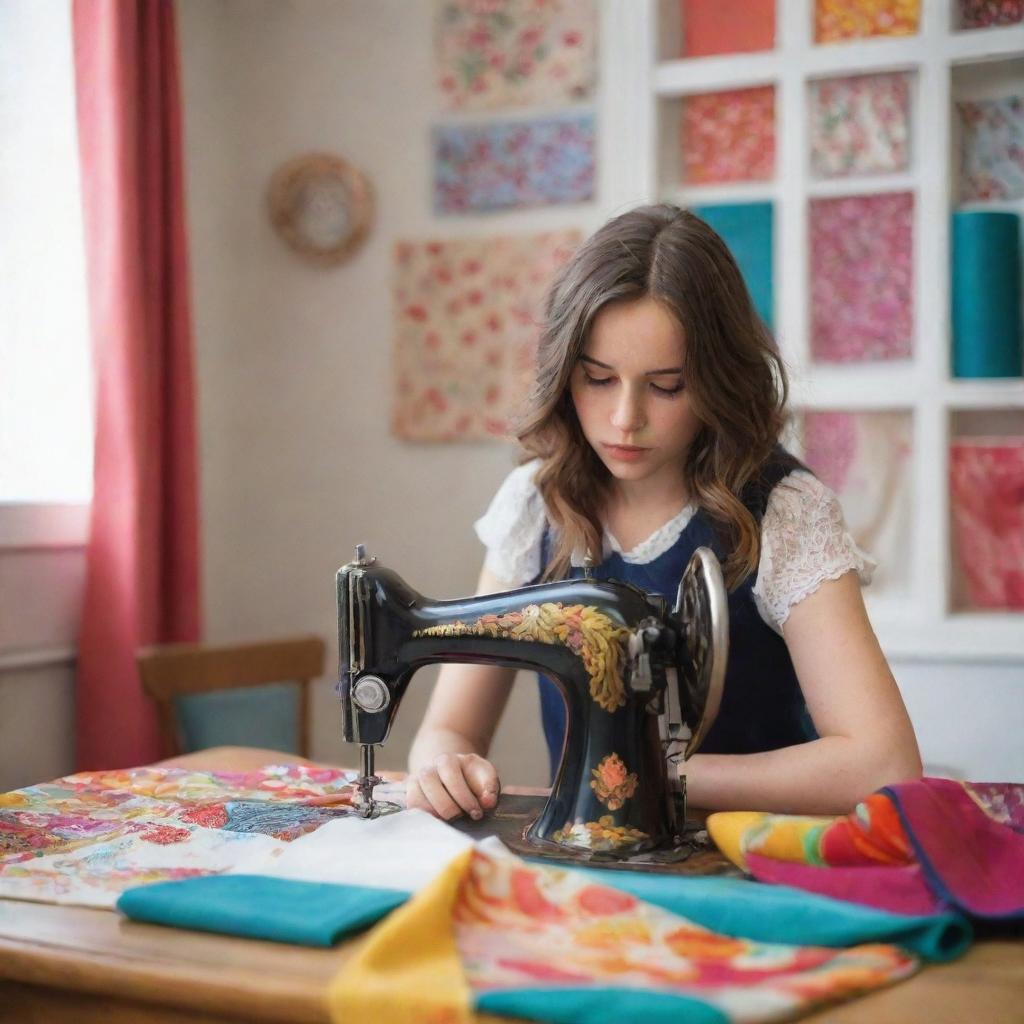 A confident young girl intensely focused on a vintage sewing machine, skillfully crafting a beautiful garment, surrounded by vibrant colored fabrics and tools in a brightly lit room.