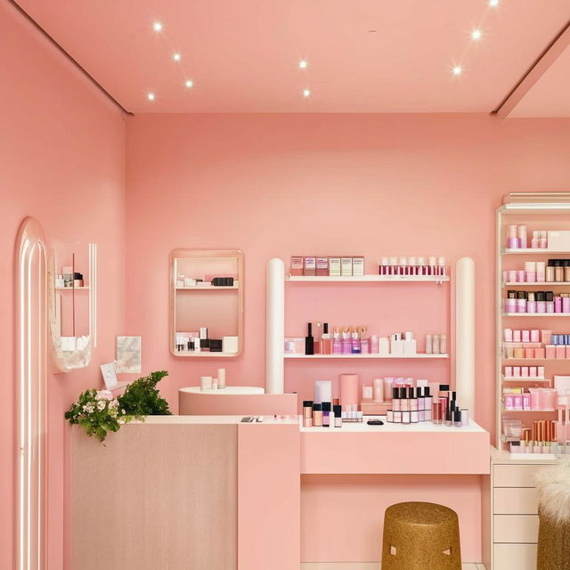 Charming minimalist cosmetic shop with a soothing color palette, refined furnishings, and neatly organized beauty products.