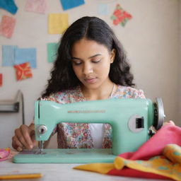 A confident young girl intensely focused on a vintage sewing machine, skillfully crafting a beautiful garment, surrounded by vibrant colored fabrics and tools in a brightly lit room.