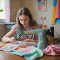 A confident young girl intensely focused on a vintage sewing machine, skillfully crafting a beautiful garment, surrounded by vibrant colored fabrics and tools in a brightly lit room.