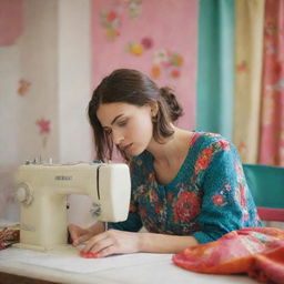 A confident young girl intensely focused on a vintage sewing machine, skillfully crafting a beautiful garment, surrounded by vibrant colored fabrics and tools in a brightly lit room.