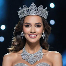 A magnificent crown for Miss Universe, encrusted with sparkling diamonds, exhibiting regality and sophistication, radiating under prismatic lights.