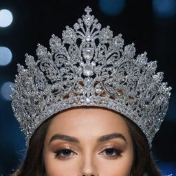 A magnificent crown for Miss Universe, encrusted with sparkling diamonds, exhibiting regality and sophistication, radiating under prismatic lights.