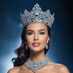 A magnificent crown for Miss Universe, encrusted with sparkling diamonds, exhibiting regality and sophistication, radiating under prismatic lights.