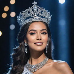 A magnificent crown for Miss Universe, encrusted with sparkling diamonds, exhibiting regality and sophistication, radiating under prismatic lights.