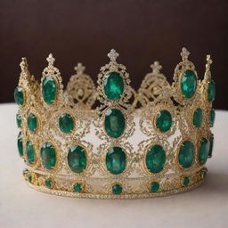 A royal and stunning emerald crown for Miss Universe; intricately designed with glittering emeralds set on a bed of polished gold.