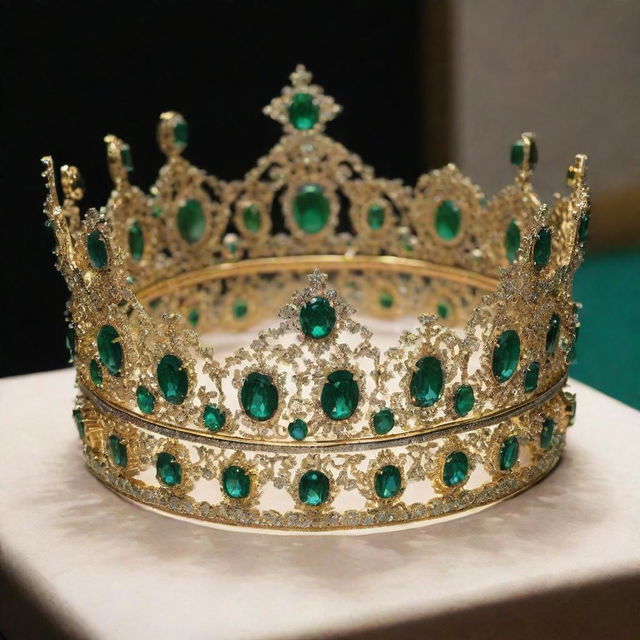 A royal and stunning emerald crown for Miss Universe; intricately designed with glittering emeralds set on a bed of polished gold.