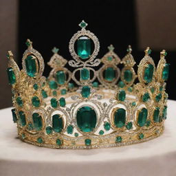 A royal and stunning emerald crown for Miss Universe; intricately designed with glittering emeralds set on a bed of polished gold.