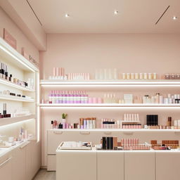 Charming minimalist cosmetic shop with a soothing color palette, refined furnishings, and neatly organized beauty products.