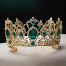 A royal and stunning emerald crown for Miss Universe; intricately designed with glittering emeralds set on a bed of polished gold.