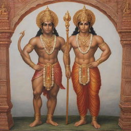 The Hindu gods Ram and Hanuman standing together. Hanuman is devotedly gazing upon Ram, signifying his immense devotion. Both are clad in traditional attire against a backdrop of ancient India.