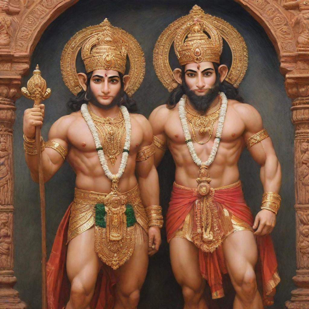 The Hindu gods Ram and Hanuman standing together. Hanuman is devotedly gazing upon Ram, signifying his immense devotion. Both are clad in traditional attire against a backdrop of ancient India.